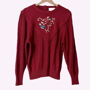 Vintage Blake Elizabeth Cable Knit Ruffle Embroidered Burgundy Red Sweater Large